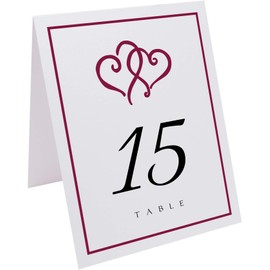 Linked Hearts and Border Wedding Table Numbers (Select Color/Quantity), White, Burgundy, 1-55, Double Sided, Tent or Use in a Stand, Great for Parties & Restaurants