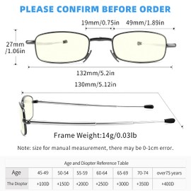touk 2 Pack Foldable Reading Glasses Anti Blue Light, Soft Nose Pad Spring Hinge Compact Computer Readers with Portable Case for Men Women Black/Gunmetal +3.5