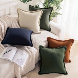 NEXHOME PRO Boho Throw Pillow Covers for Couch Set of 2 20"x20", Handmade Decorative Linen Pillow Covers Shams for Sofa, Living Room, Farmhouse Fringed Cushion Covers, Olive Green (NO Insert)