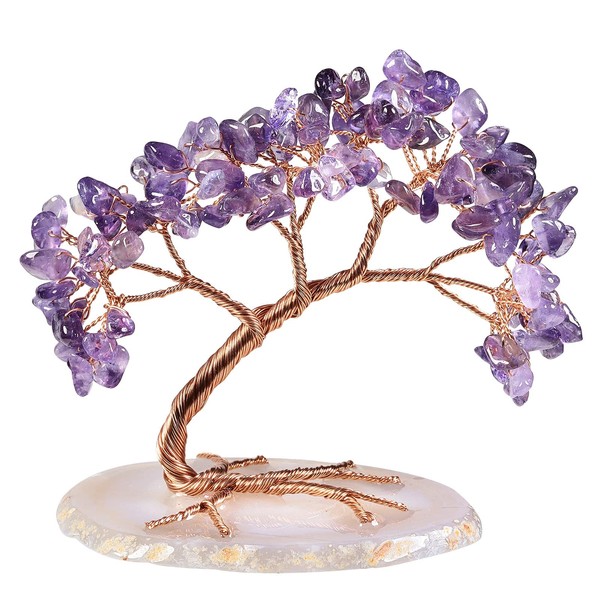 TUMBEELLUWA Reiki Crystal Money Tree with Agate Slice Base Feng Shui Stone Bonsai Tree Figure Decor for Happiness Good Luck and Wealth, Amethyst