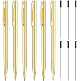 6 Pieces Metallic Ballpoint Pen Slim Retractable Ballpoint Pen Black Ink Metal Pen Mini Conical Ballpoint Pen and 6 Refills for Wedding Business Office Student Teacher, 1.0mm Medium Point (Gold)