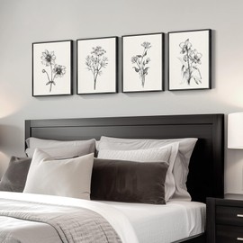 Framed Black and White Floral Wall Art, Set of 4 Piece Vintage Rustic Botanical Canvas Paintings Artwork for Walls, Minimalist Flower Art Prints Pictures for Living Room Bedroom Kitchen Bathroom Wall Decor 11x14 Inch