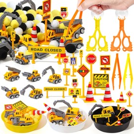 128 Pcs Construction Sensory Bin Filler Construction Excavator Sensory Bin Items Fine Motor Toys Counting Sorting Colorful Vehicles Road Signs Pom Poms Cup Clip for Preschool Education Activities