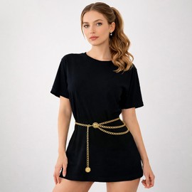 Giomos Gold Chain Belt for Women, Metal Waist Chain Link Belts for Dresses, Jumpsuit, Jeans, or Pirate Costume Accessories, Gold, M