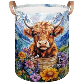 Highland Cow Flower Mountain Large Round Laundry Basket Collapsible Laundry Hamper with Leather Handles Durable Dirty Clothes Storage Bins for Living Room Bedroom Dorm Closet Organizers and Storage