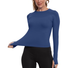 MathCat Seamless Workout Shirts for Women, Long Sleeve Workout Tops for Women, Yoga Sports Athletic Gym Tops Navy