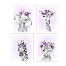 Baby Girl Nursery Wall Art Purple Floral Crown Safari Animals Elephant Giraffe Lion Zebra Decor 4 UNFRAMED PRINTS