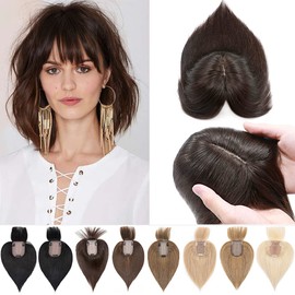 SEGO 100% Remy Human Hair Toppers with Bangs for Women Silk Base Clip in Crown Topper Wiglets Hairpieces for Thinning Hair/Hair Loss Cover Gray Hair 12 Inch 2# Dark Brown 38g