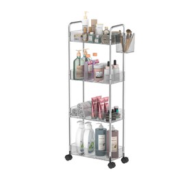 REALINN Rolling Storage Cart, 4 Tier Clear Grey Bathroom Cart Organizer, Utility Movable Shelving Unit for Laundry Room Organization, Storage for Office, Living Room, Grey