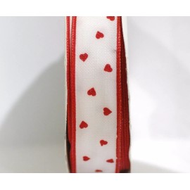 Sopp  #5 Wired White w/Red Hearts Valentine's Ribbon 25 Yards X 7/8" Wide