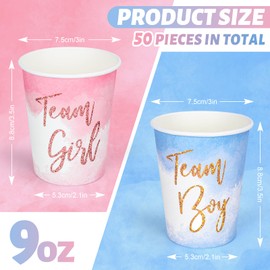 Whaline 50Pcs Gender Reveal Party Paper Cups Pink Blue Team Girl Team Boy Gender Reveal Disposable Cups Table Decorations for Juice Coffee Hot Cold Drink Baby Shower Party Supplies Decor, 9 Oz