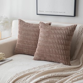 SHITURRE Decorative Throw Pillow Covers for Couch Bed Sofa Livingroom, Tan Square Cushion Covers Corduroy Striped Pillowcases for Boho Home Decor(18"x18", 2 Packs)