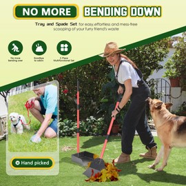 Dog Pooper Scooper Tray and Shovel Kit, Heavy Duty Dog Poop Scooper with Adjustable Metal Long Handle, Portable Large Dog Poop Picker Upper with 10 Waste Bag for Yard, Walks, Grass & Garden Leaves