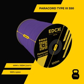 EdcX 4mm Nylon Paracord 550 100m (330 feet) - Type III, 100% Nylon Rope, 7 Strand Rope, 4mm Nylon Rope in Solid Colors (Purple, 100 m)