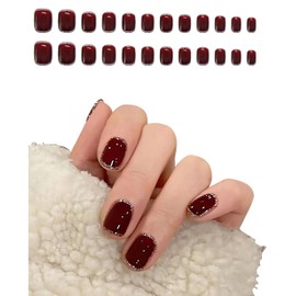 Press On Nails Short Square Set,Short Size, Red Nails with Gold Line Design False Nails,Reusable Nail Kit with Nail Glue Adhesive Tabs, Glossy Nails Tips for Women Girls