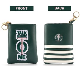 PINKTEE Golf Valuables Pouch Funny Golf Accessories Bag with Zipper Master Green Premiun Leather Golf Tee/Ball Pouch for Women Men (TALK BIRDIE TO ME, White stripe)
