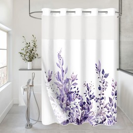 Gibelle No Hook Eucalyptus Shower Curtain with Snap-in Fabric Liner Set, Hotel Style Purple Plant Leaves Double Shower Curtain with See Through Top Window, Waterproof & Washable, 72x74