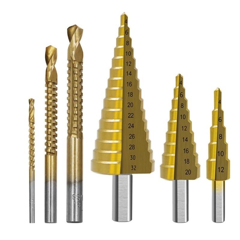 6Pcs Titanium Coated Drill Bit Set,Included 3 Sizes of Step