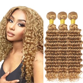 CrmBmod Extensiones De Cabello Humano Rubio Miel Con Ondas Profundas, 24 X 24 X 24 Pulgadas, Sin Procesar, Remy Virgen Brasileño, 3 Unidades, 50 Gramos Por Unidad.