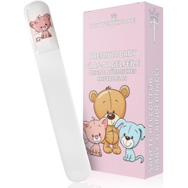 SCHWERTKRONE® Baby Nagelfeile aus böhmischem Kristallglas – sanfte Glasfeile für Neugeborene und Kleinkinder – beidseitig feinkörnig – 3D Gel Motiv Katze – hygienisch – made in EU