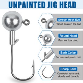 Jig Head Fishing Hooks Round Head Crappie Jigs Hook Unpainted Ball Jigs Heads for Bass Trout Crappie Fishing Jigs Saltwater Freshwater (3/28oz-40pcs)
