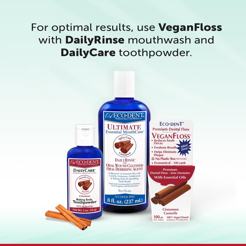 Eco-Dent VeganFloss Dental Floss, Waxed, Cinnamon - Floss with Vegan