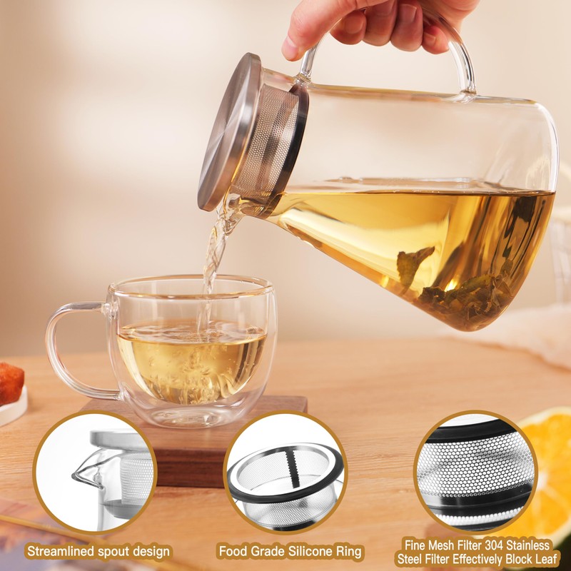 CNGLASS 40oz/1200ml Glass Teapot Stovetop Safe,One-Touch Clear Tea Kettle,Blooming and