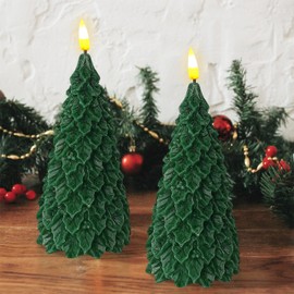 FCMSHAMD Christmas Trees Flameless Candles, Real Wax LED Candles Electric Candles, 6.3 Inch Battery Operated Candles for Christmas Home Decoration，2PCS
