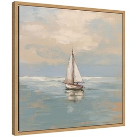 Kate and Laurel Calm Pastel Sailboat Landscape Framed Canvas Wall Art by The Creative Bunch Studio 22 x 22 Sylvie Natural, Coastal, Beach, Landscapes Art for Wall Decor, Living Room, Bedroom