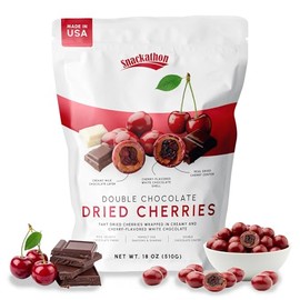 Snackathon Double Chocolate Covered Cherries, 18 OZ Resealable Bulk Bag, Tart Dried Red Cherries Coated in Creamy Milk Chocolate & White Chocolate, Indulgent for Snacking & Gifting