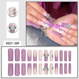 Long Press on Nails Purple Fake Nails Flower Butterfly Rhinestones designs Stick on Nails Glossy Full Cover Coffin False Nails Glitter French Tip Press ones for Women Glue on Nails 24pcs