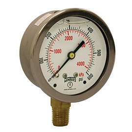 Winters PFQ Series Stainless Steel 304 Single Scale Liquid Filled Pressure Gauge with Brass Internals, 0-600 psi, 2-1/2" Dial Display, +/-1.5% Accuracy, 1/4" NPT Bottom Mount
