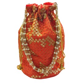 EliteKoopers Silk Indian Ethnic Sequin Potli Bag Batwa Clutch Purse Pearl Handbag For Wedding Evening Party (Orange)
