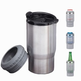 FAMKX 14oz 4 in 1 Stainless Steel Can Cooler Beer Bottle Insulator With 2 Lids for 12oz can&bottle, Double walled insulated Thermocooler &Travel Mug Holder Keeping Your Bevearge Cold (Stainless steel)