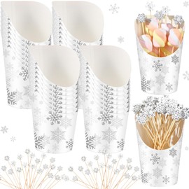 Jingmore 250pcs Christmas Snowflake Charcuterie Cups with Picks Set 50pcs Xmas French Fries Cups 200pcs Christmas Cocktail Picks 14oz Disposable Paper Snack Cups Fruit Sticks for Xmas Party(Silver)