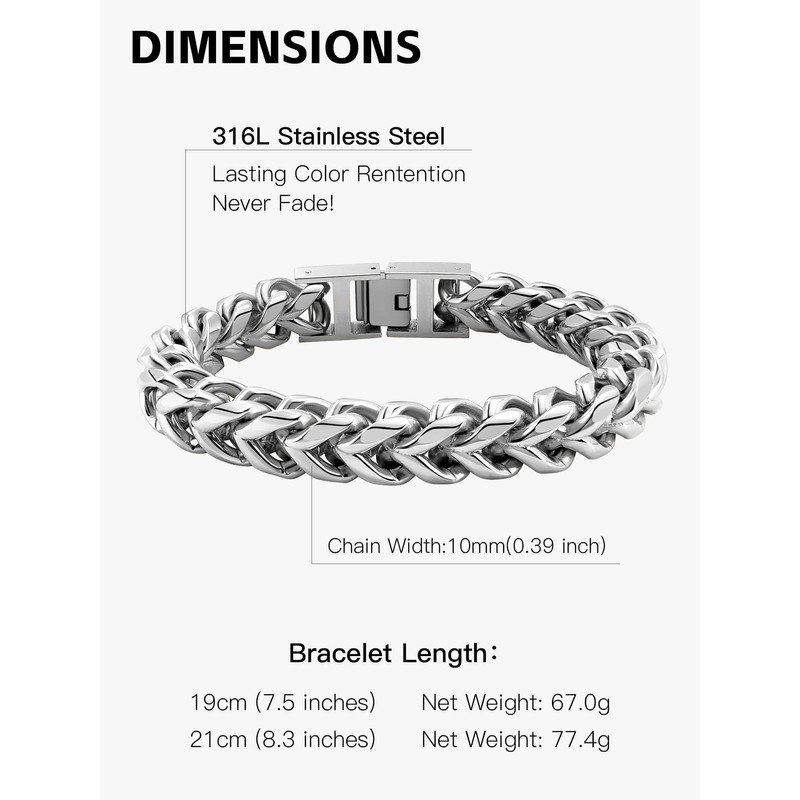 Mens Stainless Steel Franco Chain Bracelet 10MM Link Bracelets, Fold