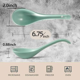 Artena 6.75 inch Solid Asian Soup Spoon Set of 6,Ultra-fine Porcelain Japanese Soup Spoon, Ramen Spoons for Pho Noodles Miso, Chinese Soup Spoons for Dumpling Wonton Cereal, Deep Oval Hook Design-Teal