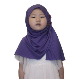 Modest Beauty Soft Instant Hijab for Kids Girls Muslim Headscarf Islamic Scarf Shawl Wrap with Flowers, Purple-2 Flowers, age 2-6