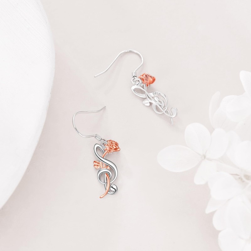 Music Note Earrings 925 Sterling Silver Rose Flower Treble Clef