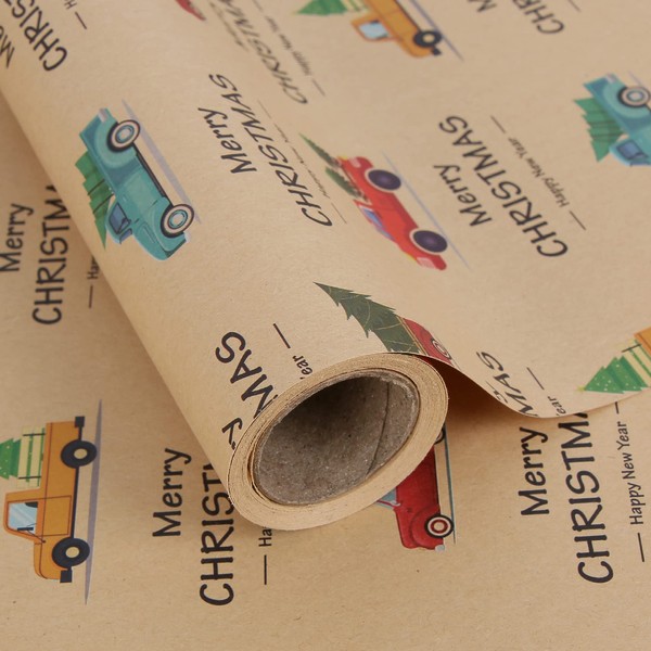 Aimyoo Kraft Christmas Wrapping Paper Roll, Christmas Truck Tree Merry
