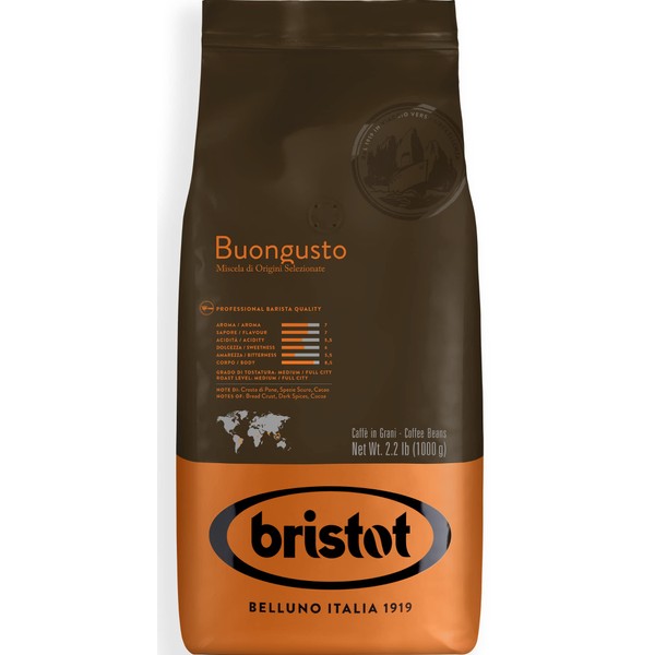Bristot Buongusto Italian Espresso Beans | Italian Coffee Beans Whole | Medium Roast | Low Acid | 2.2 lb/1kg