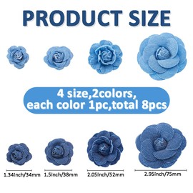 SUPERFINDINGS 8Pcs 8Styles Fabric Flower Blue Denim Cloth Camelia Sewing Flowers Embellishment 3D Flower for DIY Costume Accessories Crafts Supplies Scrapbooking, 35~78x34~75x14~22mm