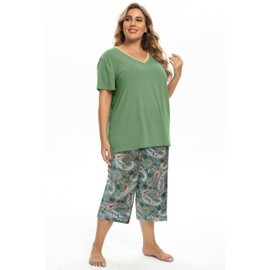 Vozanet Women's Pajamas Set Soft V Neck Sleepwear Top and Capri Pj Lounge Sets Plus Size Novel Floral Design Elegant Loungewear Capri Sets, Paisely Green, X-Large