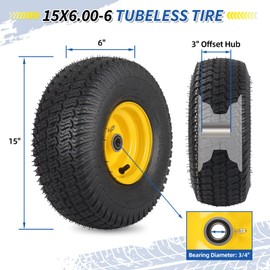 GICOOL (2 Pack) 15x6.00-6 Tubeless Tire and Wheel, 3" Offset Hub, 3/4" Bearing, 4 Ply, 15x6-6 Replacement Riding Lawn Mower Front Tires, Compatible with 100 and 300 Series John Deere Riding Mowers