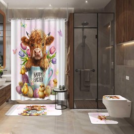 Lofaris 4pcs Shower Curtain Set with Non-Slip Rugs Easter Highland Cow and Chicks Design Includes Shower Curtain Toilet Lid Cover and Bath Mat Polyester Fabric Bathroom Set with 12 Hooks
