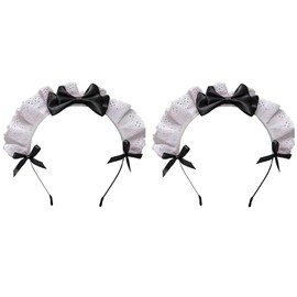 2Pc Black Women Girls Lolita Headband Lace Bow Hair Band Maid Anime Cosplay Headwear Ribbon Bowknot Women's Fashion Headbands Cute Hair Band Party Hair Accessories