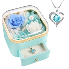 Beferr Gifts for Women Mom Birthday Gifts Preserved Real Rose with Necklace Eternal Roses Forever Flowers Mothers Day Rose Gifts for Mom from Daughter Wife Sister Grandma Blue