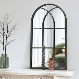 Dewfig Arched Window Wall Mirror, 42"x24", Decorative Mirror, Vanity Mirror for Bathroom, Bedroom, Entryway, Living Room, Window Pane Mirror, Farmhouse Mirrors for Wall Decor, Metal Frame, Black
