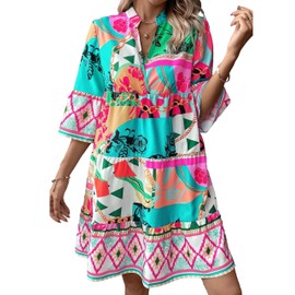 SELINK Womens Long Sleeve Dresses Casual V Neck Tribal Print Button Flowy Boho Mini Beach Dress Multicolour-S