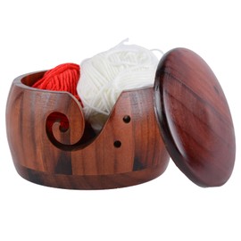 Wooden Yarn Bowl,Crochet Bowl with Lid,Knitting Yarn Bowls with Holes, Yarn Storage Bowl Handmade Craft for DIY Knitting Crocheting (Red with Lid)